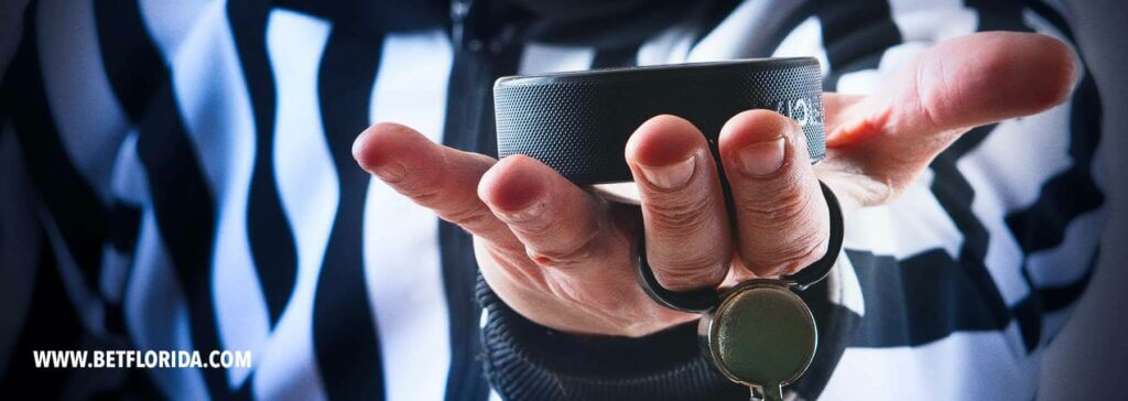 hockey referee holding puck